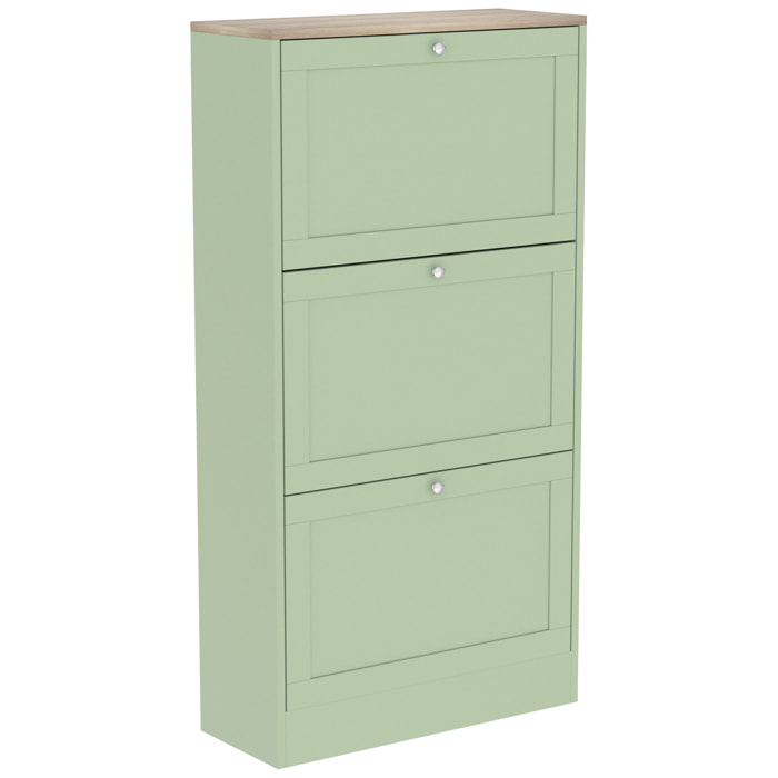 Meuble à chaussures 3 portes battantes style classique chic vert effet bois clair