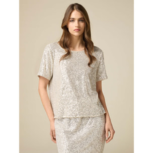 Oltre - Blusa maniche corte in paillettes - Argento