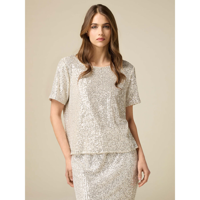 Oltre - Blusa maniche corte in paillettes - Argento