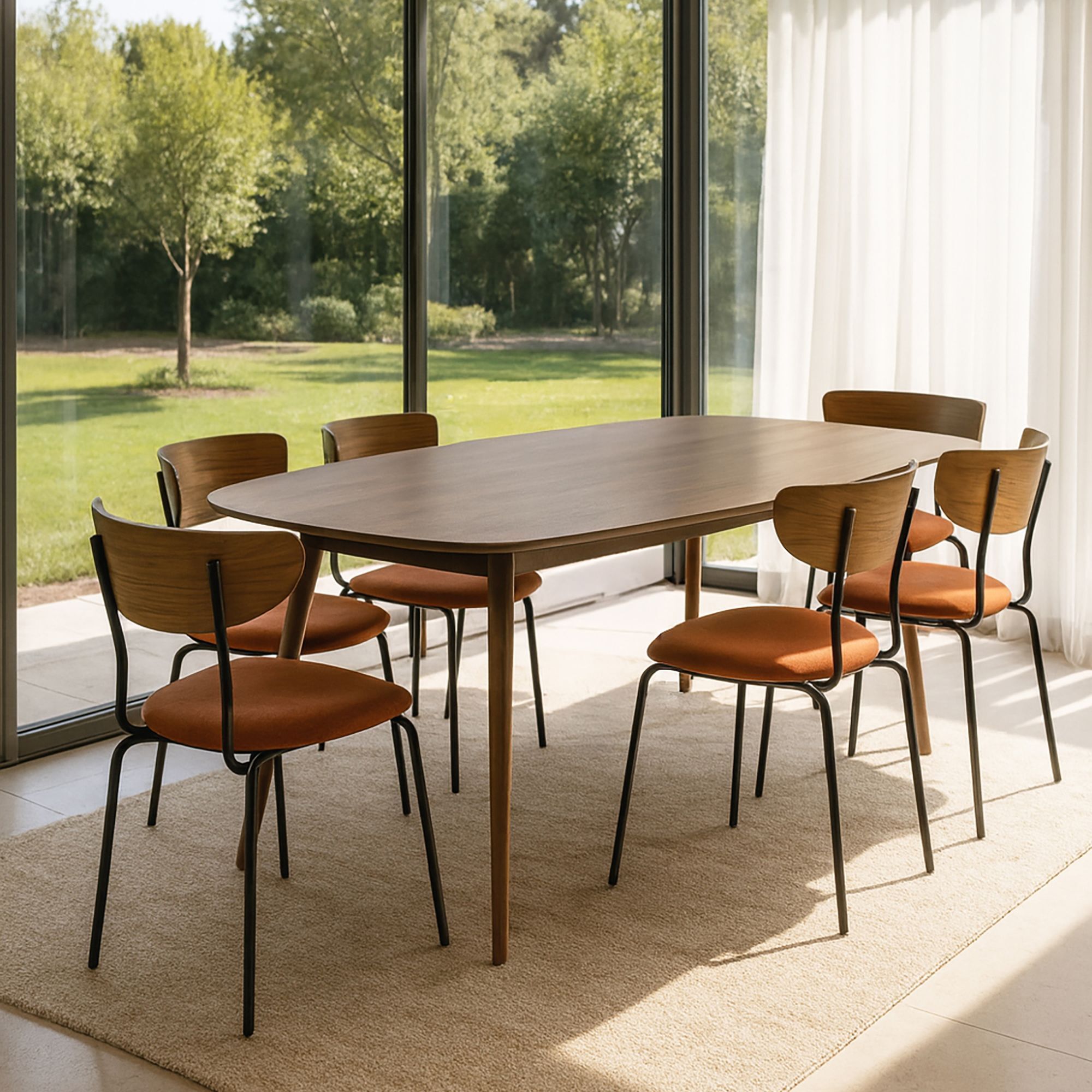 Ensemble table en bois rectangulaire et 6 chaises terracotta RIVA