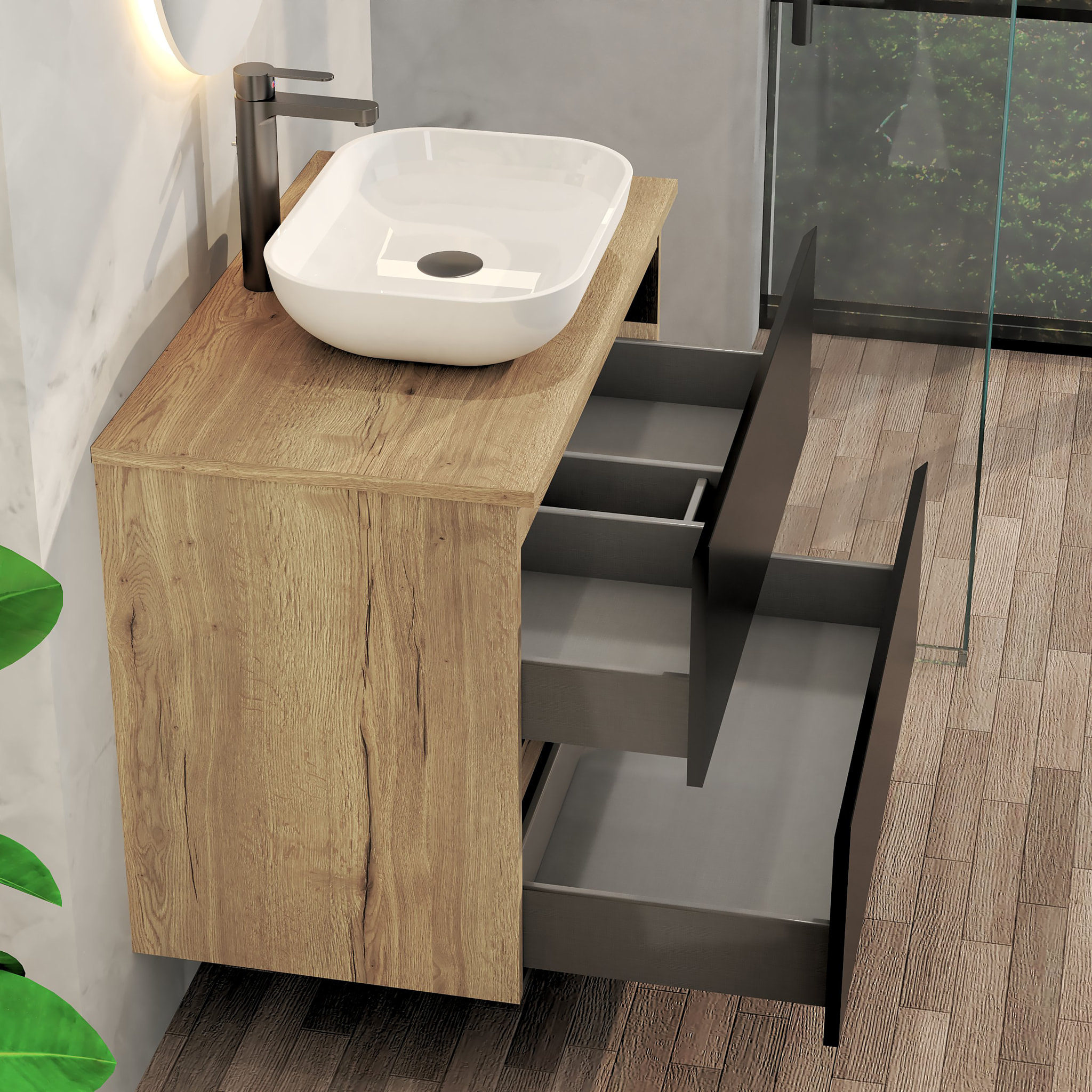 CONJUNTO DE BAÑO NIA | MUEBLE SUSPENDIDO | 80 CM NEGRO | DOS CAJONES | LAVABO SOBREPUESTO | NO INCLUYE ESPEJO | MUEBLE MONTADO| ALDAY