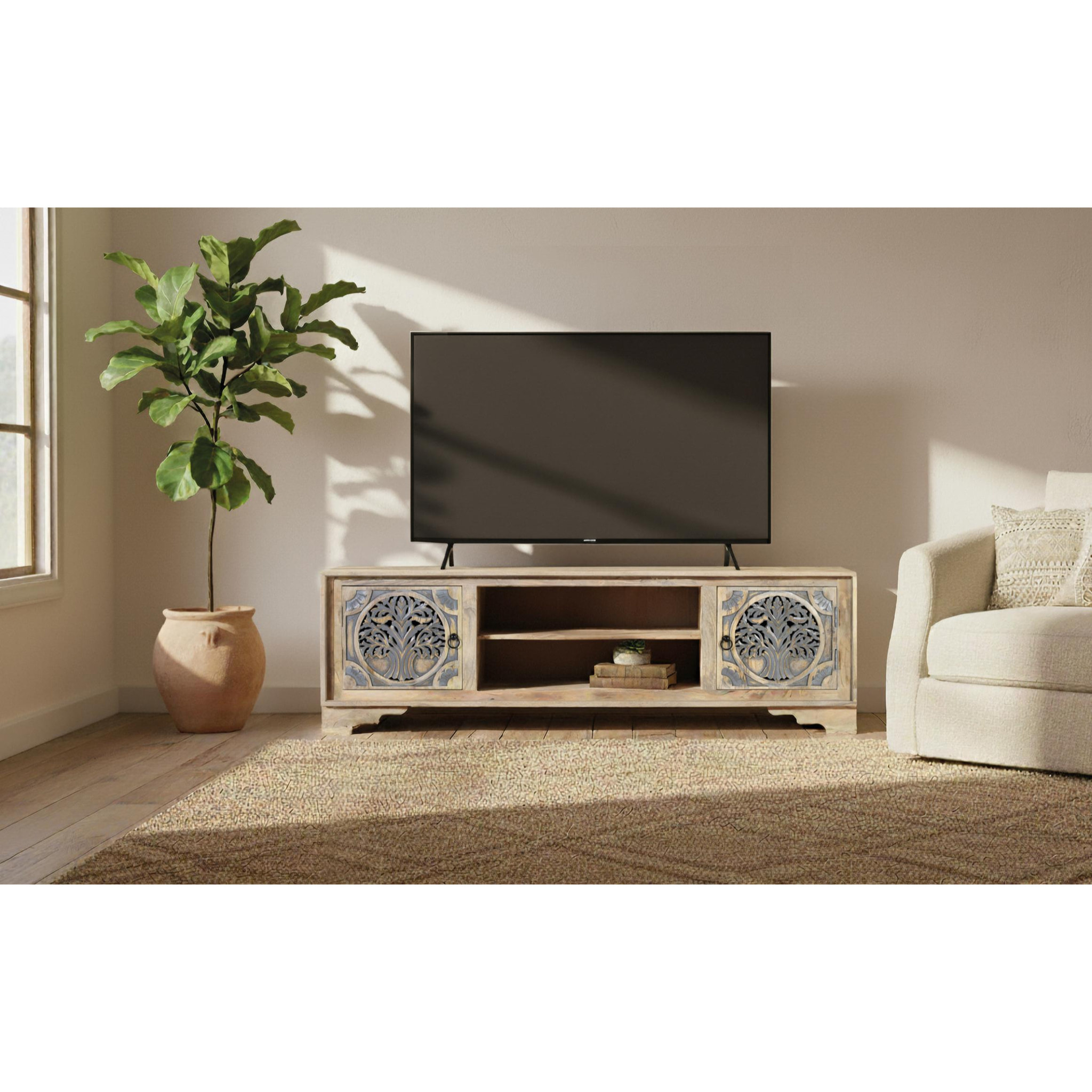 Mueble TV de Madera de Mango 180 Cm Estilo Étnico Tallado
