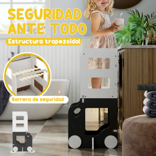 Torre de Aprendizaje 4 en 1 Taburete de Aprendizaje para Niños de +3 Años en Forma de Coche Convertible en Mesa y Silla con Pizarra de Doble Cara Barra de Seguridad 58x46x92 cm Blanco y Gris