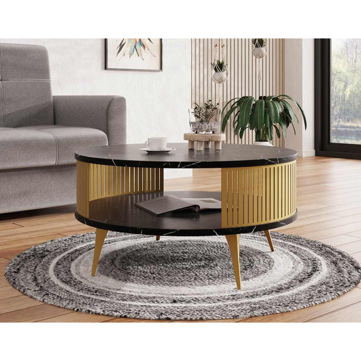 Forini - table basse ronde - effet marbre noir et doré - 1 niche - 75 cm - Noir / Doré