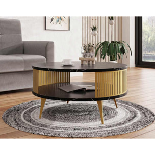 Forini - table basse ronde - effet marbre noir et doré - 1 niche - 75 cm - Noir / Doré