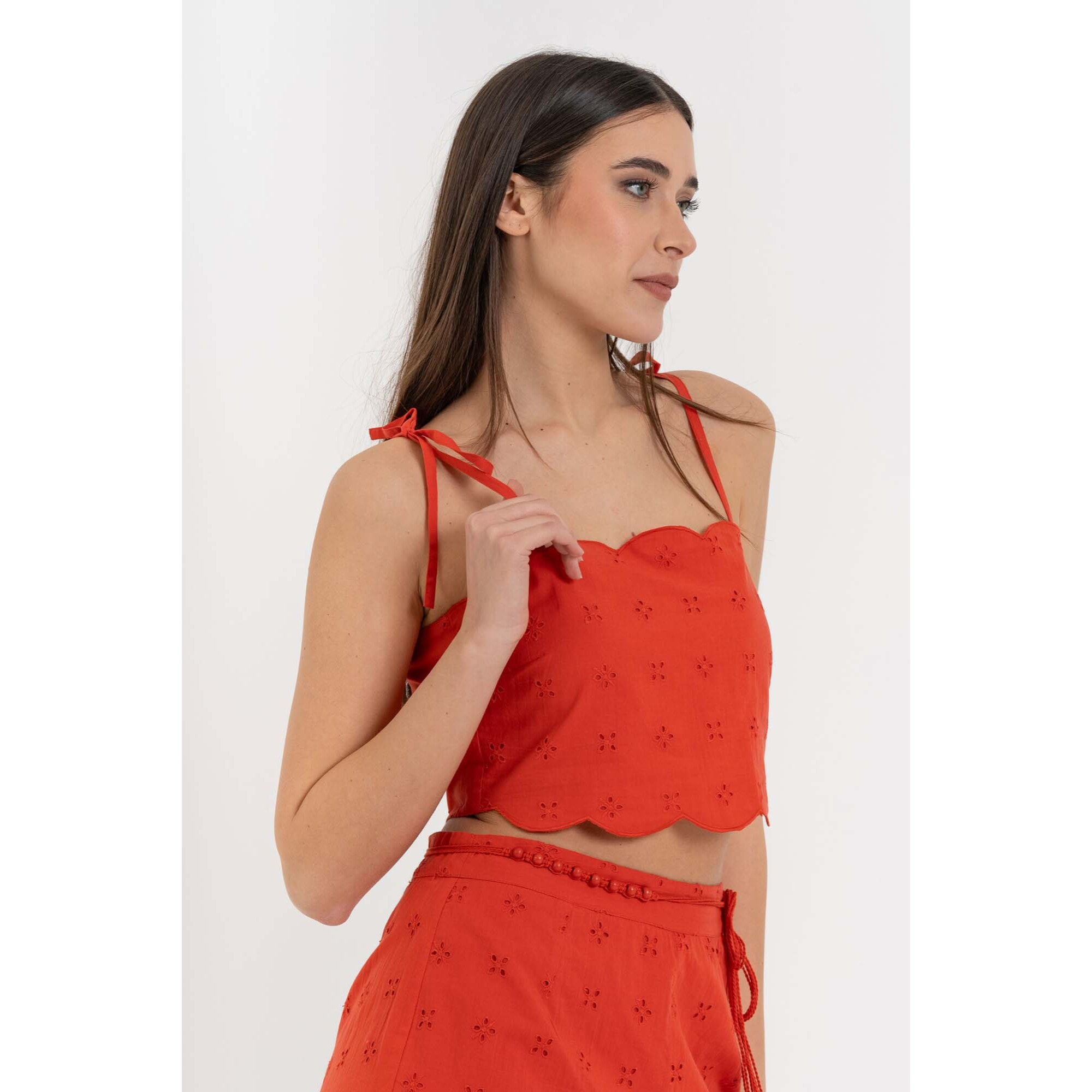 Kocca - Top crop in cotone sangallo con spalline a fiocco Donna