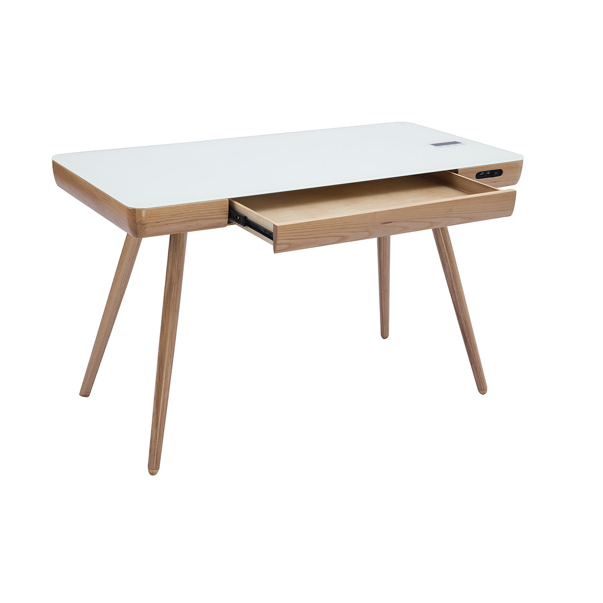 Bureau connecté multimédia avec tiroir en verre et bois clair L120 cm CLEVER