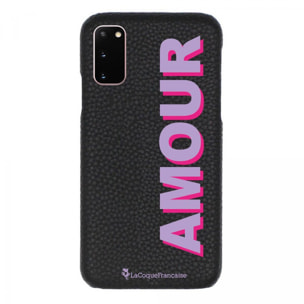 Coque Samsung Galaxy S20 effet cuir grainé noir Amour parme et fushia Design La Coque Francaise