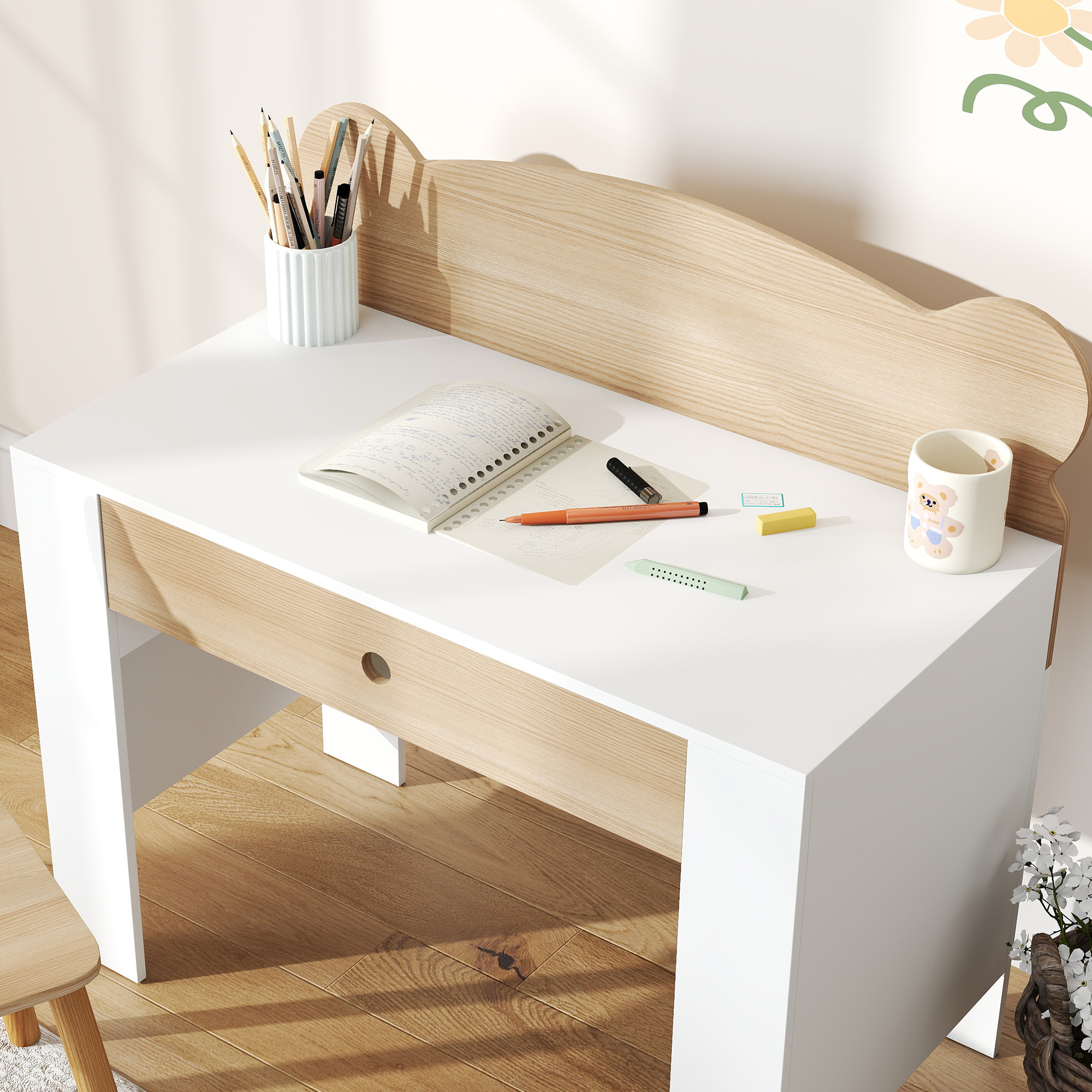 Ensemble bureau et chaise enfant design ourson - grand tiroir - blanc effet bois naturel
