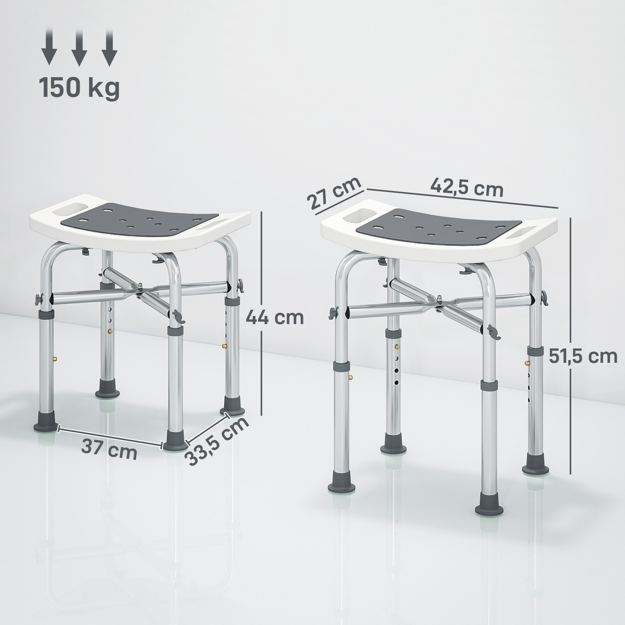 Siège de douche réglable en hauteur tabouret de douche ergonomique pieds antidérapants charge max. 150 Kg alu HDPE blanc gris