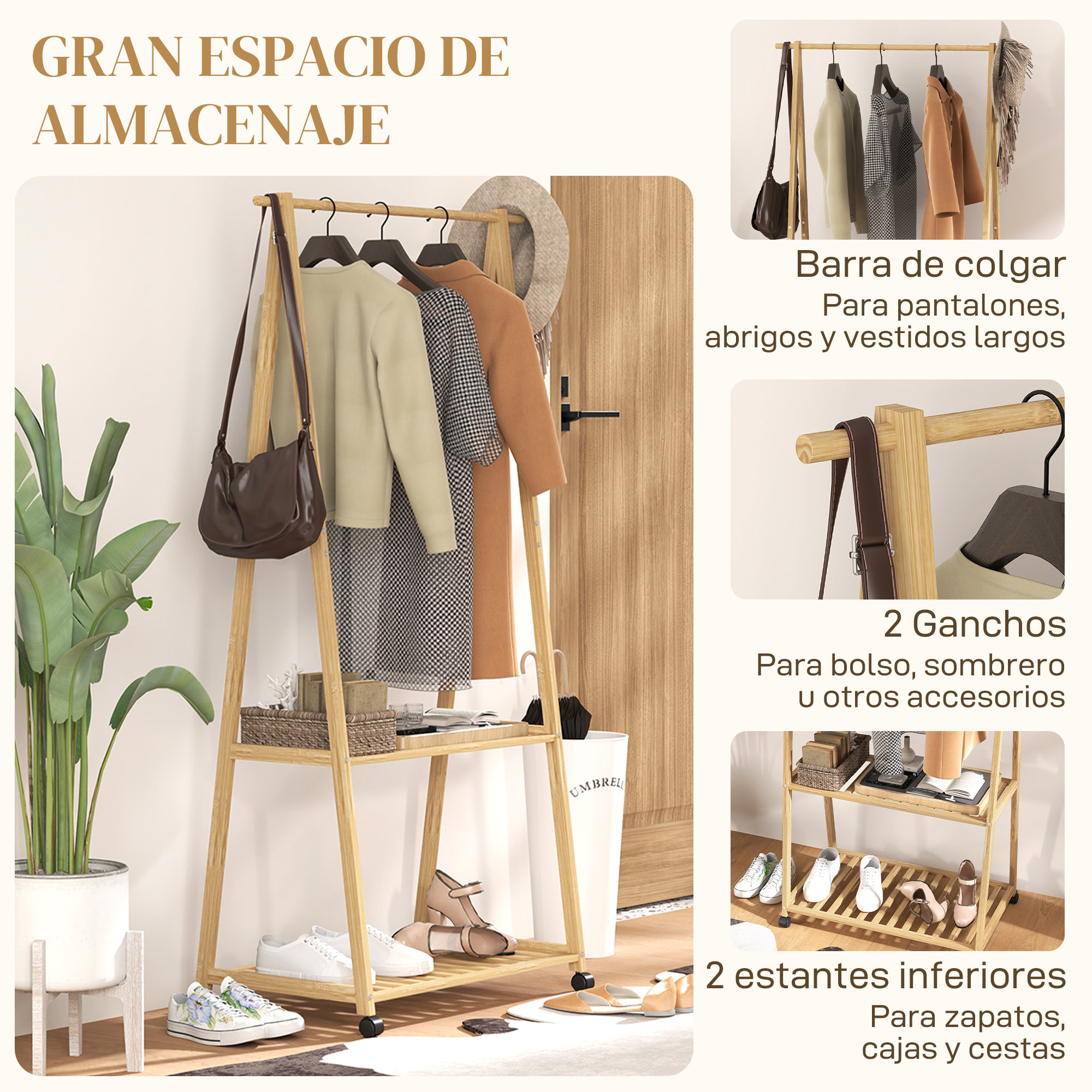 Burro para Ropa de Bambú Perchero Burro para Ropa con Ruedas 2 Estantes Abiertos y 2 Ganchos Perchero para Entrada Pasillo Dormitorio 84,5x43,5x158 cm Natural