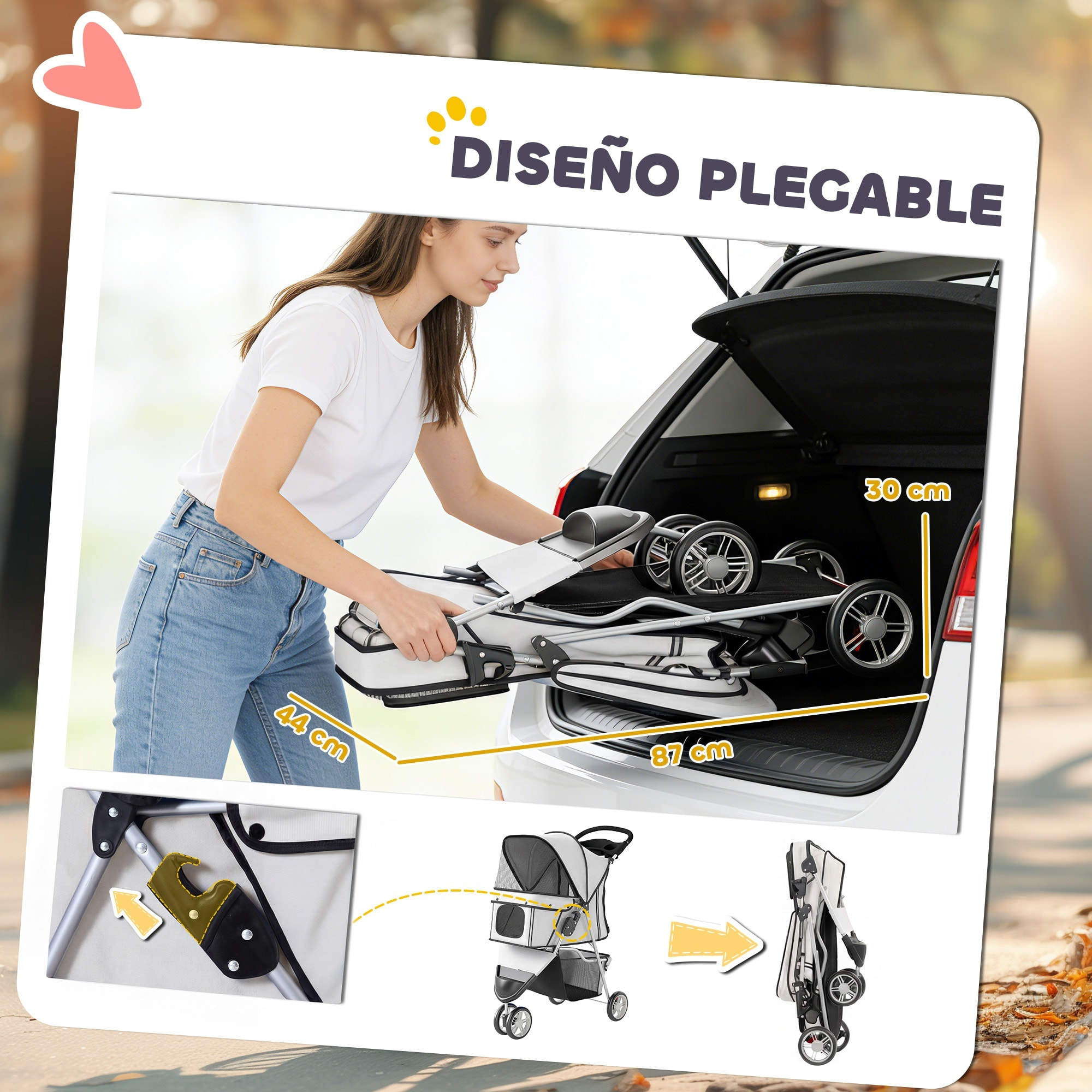 Carrito para Perros Plegable, hasta 10 kg, Cochecito para Perros Pequeños de 3 Ruedas con Capota Ajustable, Cesta, Ventanas de Malla, Portavasos, Ruedas de EVA y Frenos, para Gatos, Gris Claro