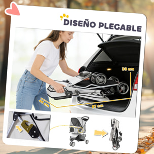 Carrito para Perros Plegable, hasta 10 kg, Cochecito para Perros Pequeños de 3 Ruedas con Capota Ajustable, Cesta, Ventanas de Malla, Portavasos, Ruedas de EVA y Frenos, para Gatos, Gris Claro