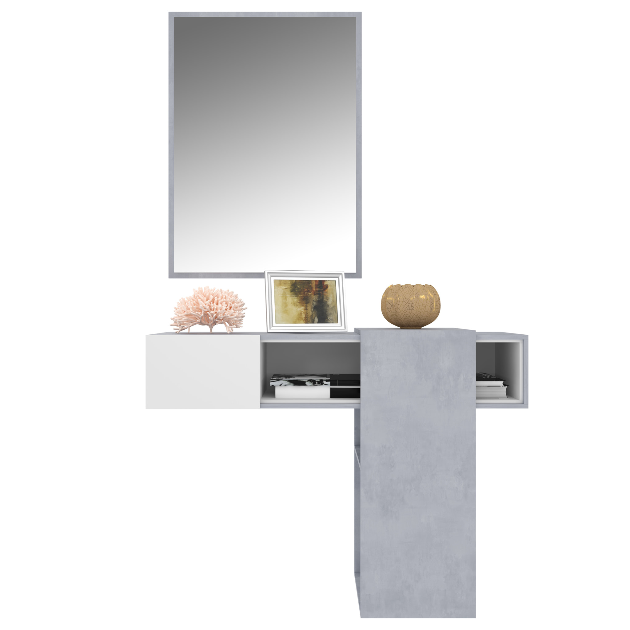 Mobile Danzica Mobiletto da Ingresso Mensola Sospesa con Specchio E Ripiani Scorrevole Arredo Arredamento Sala 100 x 31.5 x 75 cm Bianco e Cemento