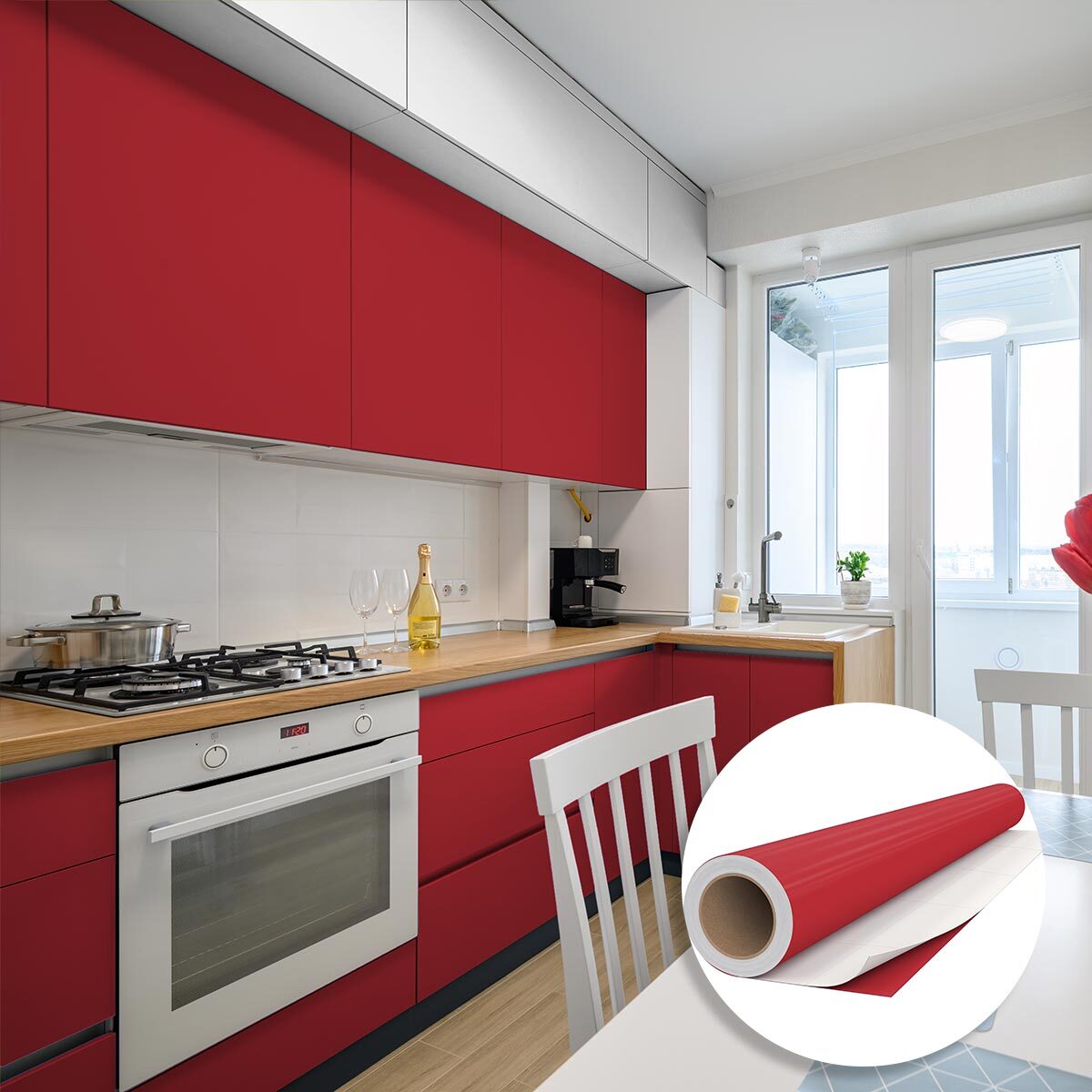 Rouleau adhésif décoratif Vinyle au Mètre - Rouge cerise - Sticker Lavable Imperméable Mur Cuisine Meubles