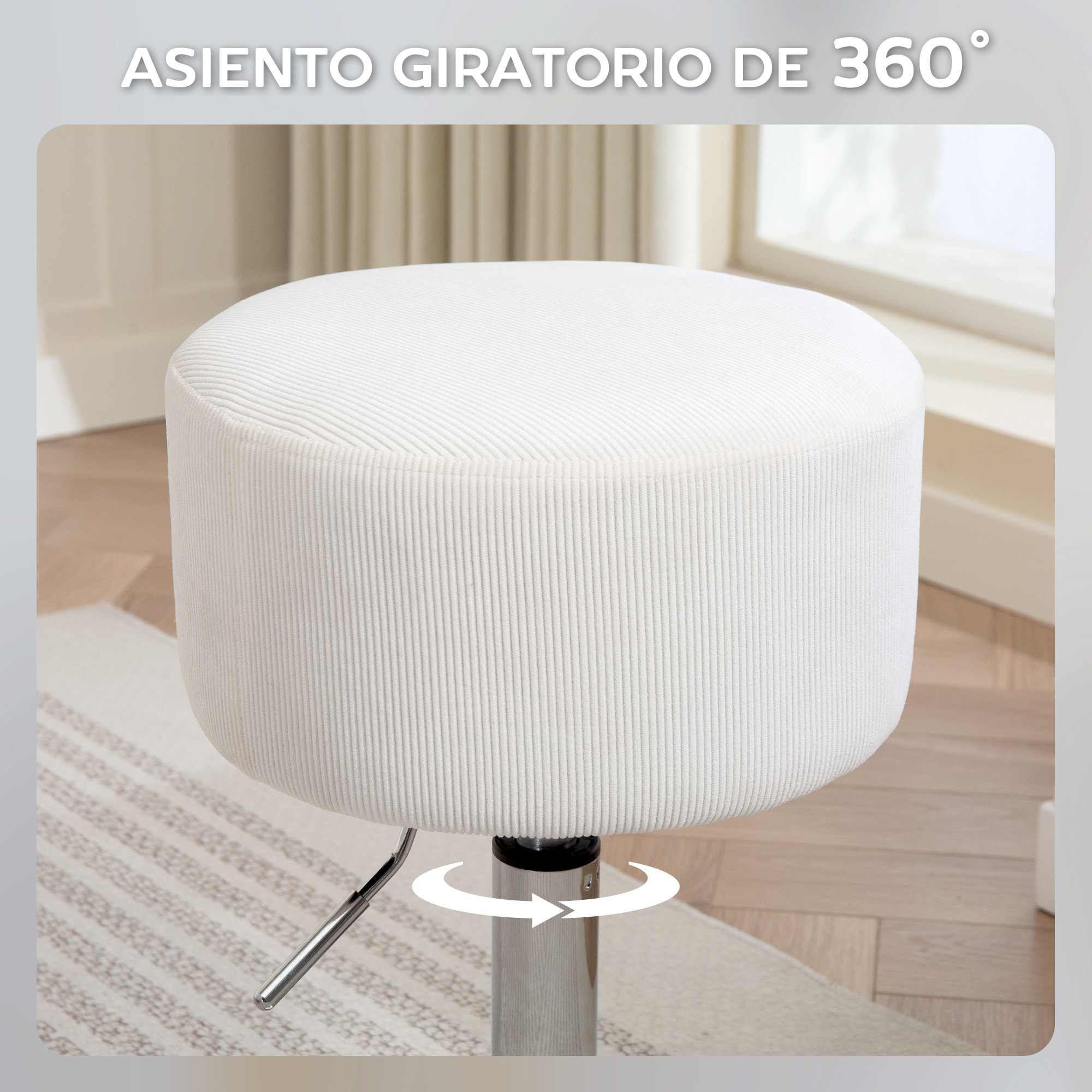 Taburete de Bar Taburete Alto de Cocina Regulable en Altura 52-66 cm Tapizado en Pana Giratorio en 360° para Comedor Tocador Mostrador Blanco