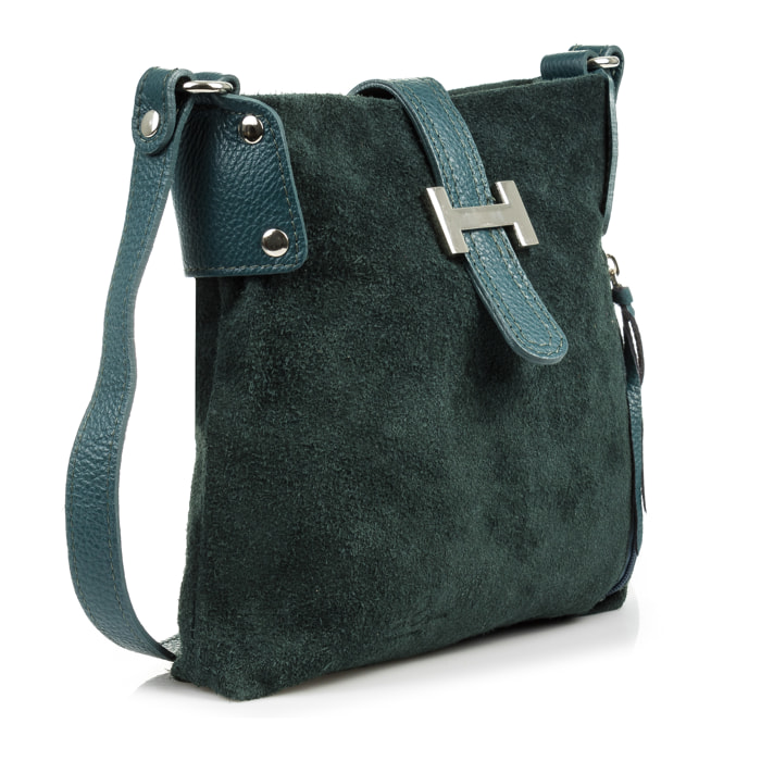 FIRENZE ARTEGIANI Borsa a Spalla da Donna Milano. Vera Pelle Dollaro Camoscio Made in Italy 26x4x25 Cm. Colore verde
