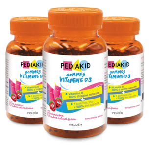 PEDIAKID - Gommes Vitamine D3 - Renforcement des défenses naturelles - Croissance & résistance - Dès 3 ans - Goût Fraise - Couvre 100% des apports journaliers recommandés - Lot de 3 Piluliers