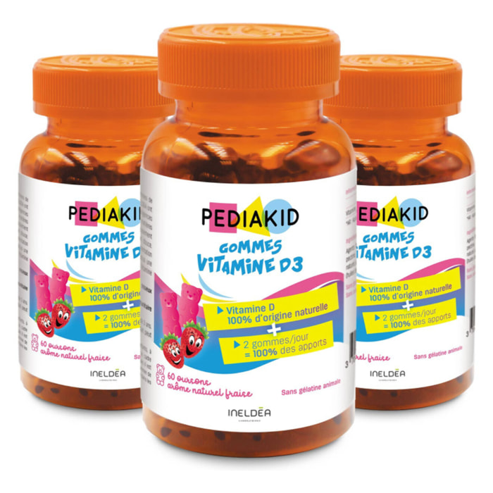 PEDIAKID - Gommes Vitamine D3 - Renforcement des défenses naturelles - Croissance & résistance - Dès 3 ans - Goût Fraise - Couvre 100% des apports journaliers recommandés - Lot de 3 Piluliers