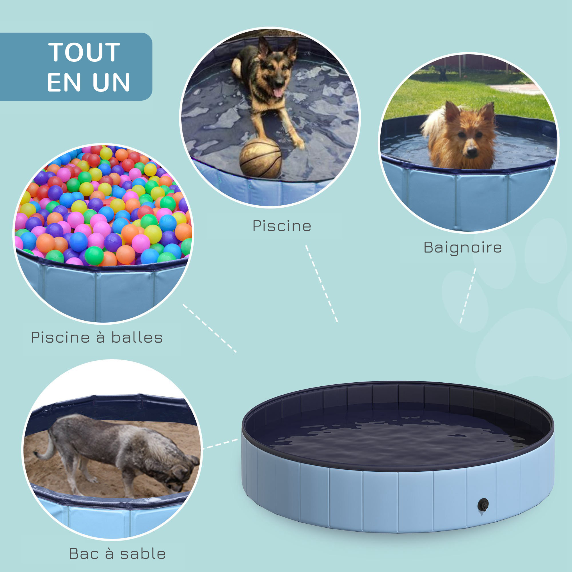 Piscine pour chien bassin PVC pliable anti-glissant facile à nettoyer diamètre 160 cm hauteur 30 cm bleu