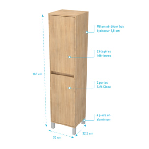 Colonne de rangement Chêne Clair sur Pieds - Hauteur 160 cm - 2 Portes - XENOS