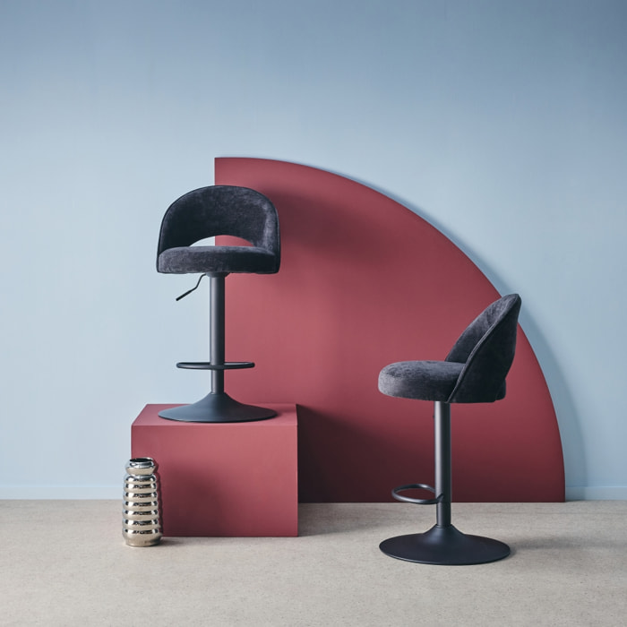 Lot de deux tabourets de bar ajustables métal et tissu noir. pied noir - L 49 x P 49 x H 88.5-110cm - Abby