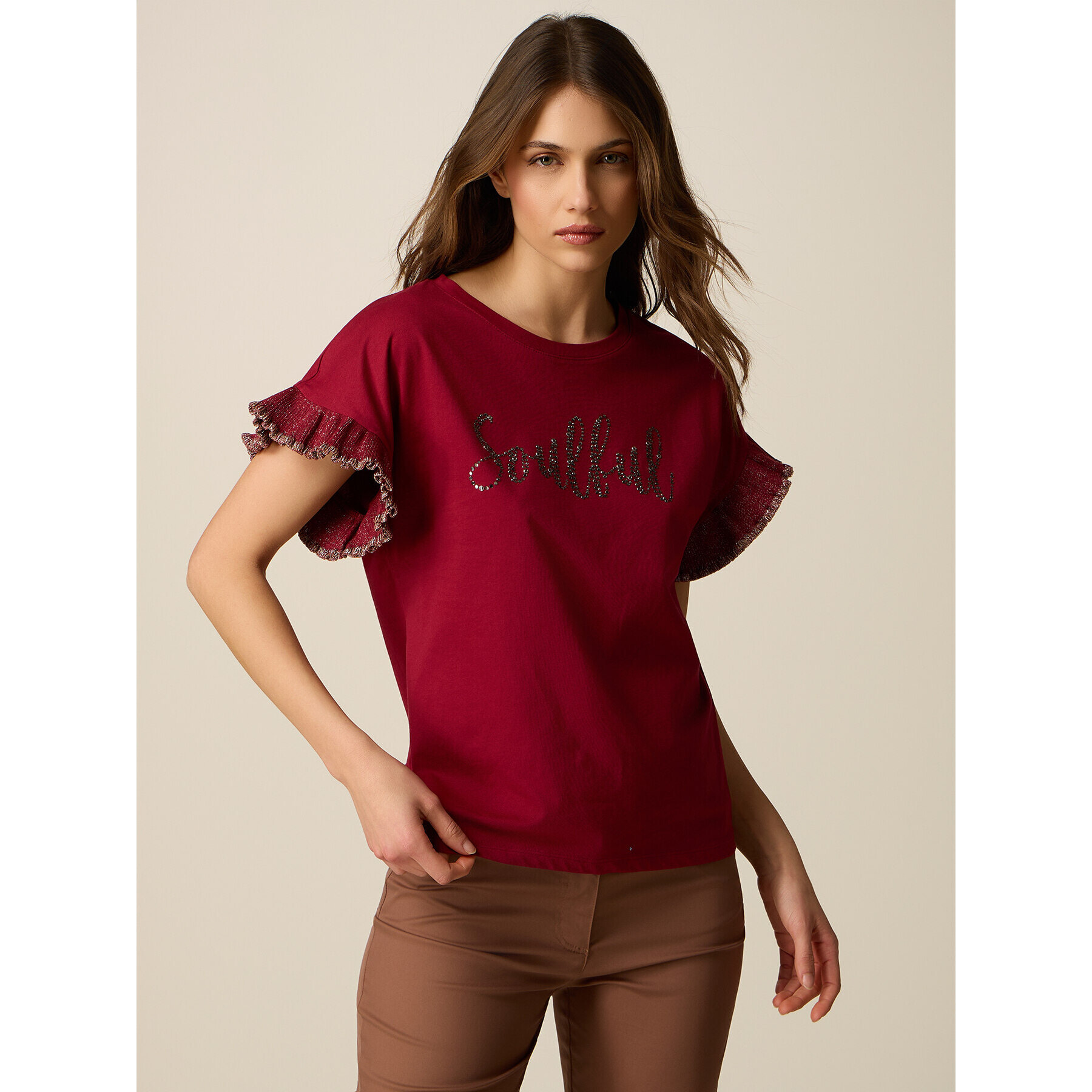 Oltre - Camiseta de algodón con cristales y volantes - Burgundy