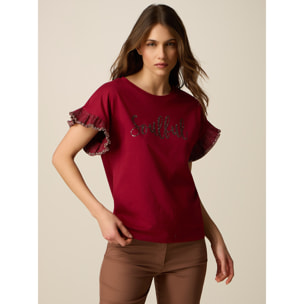 Oltre - Camiseta de algodón con cristales y volantes - Burgundy