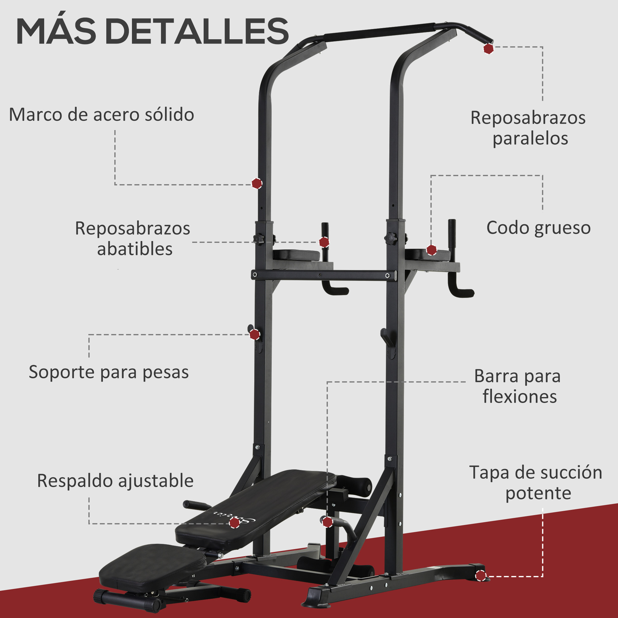Estación de Musculación Torre de Entrenamiento Altura Ajustable con Barra de Dominadas y Banco Plegable para Fitness en Casa Gimnasio Carga 150 kg 99x178x230 cm Negro