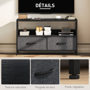 Meuble TV bas sur pieds style industriel 2 tiroirs tissu gris acier MDF noir