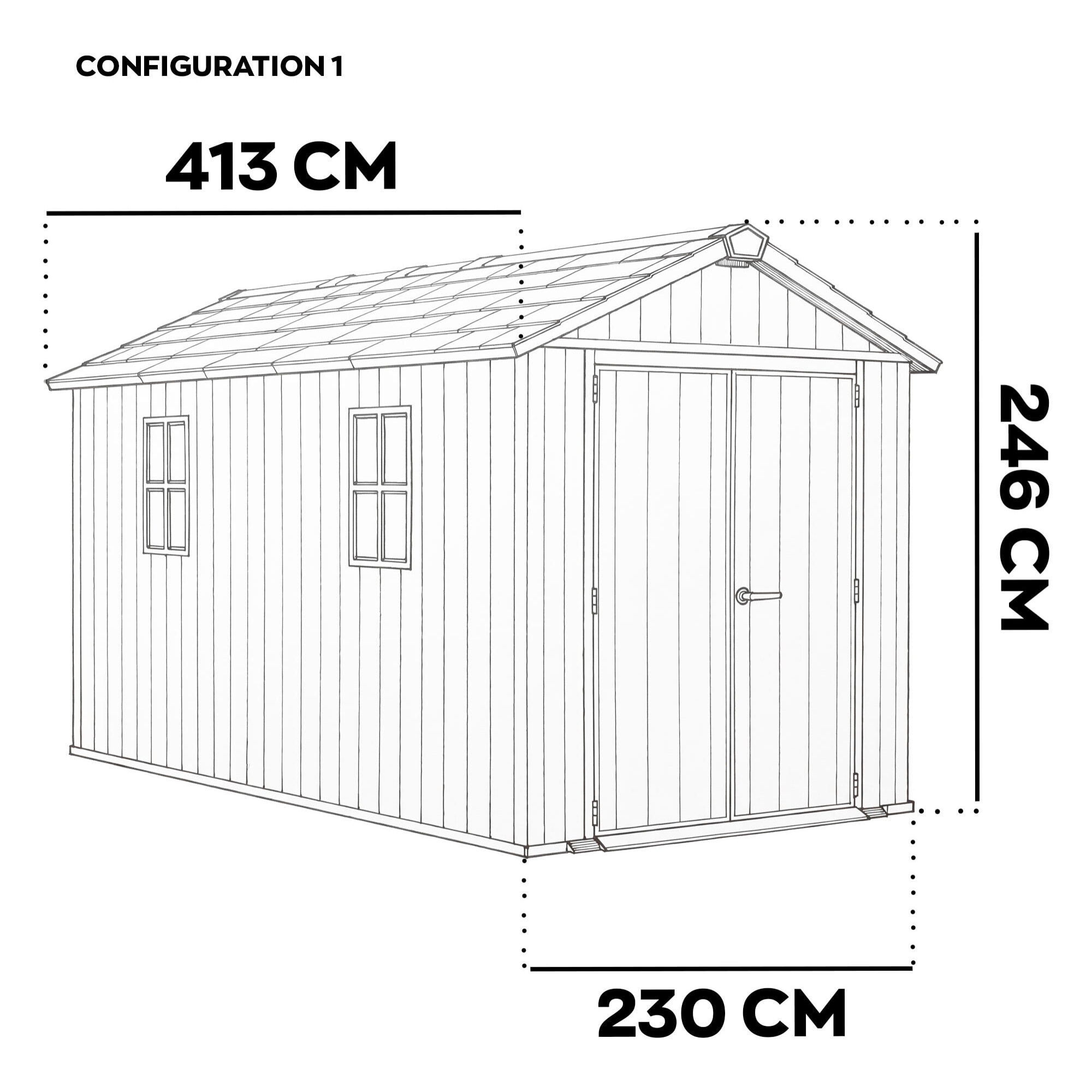 Newton + 7513/1375- Casetta da Giardino 413x246x230 cm 2 Ante per deposito attrezzi finitura effetto legno Evotech+ in Resina Marrone e Nero