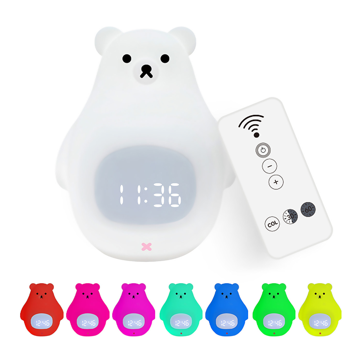 Reloj despertador con luz nocturna infantil. Luz led multicolor RGB, control con mando a distancia. Diseño Oso Polar.