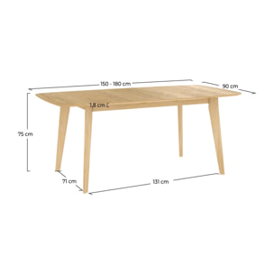Table rectangulaire 4/6 personnes extensible en bois clair 150/180 cm - Oman