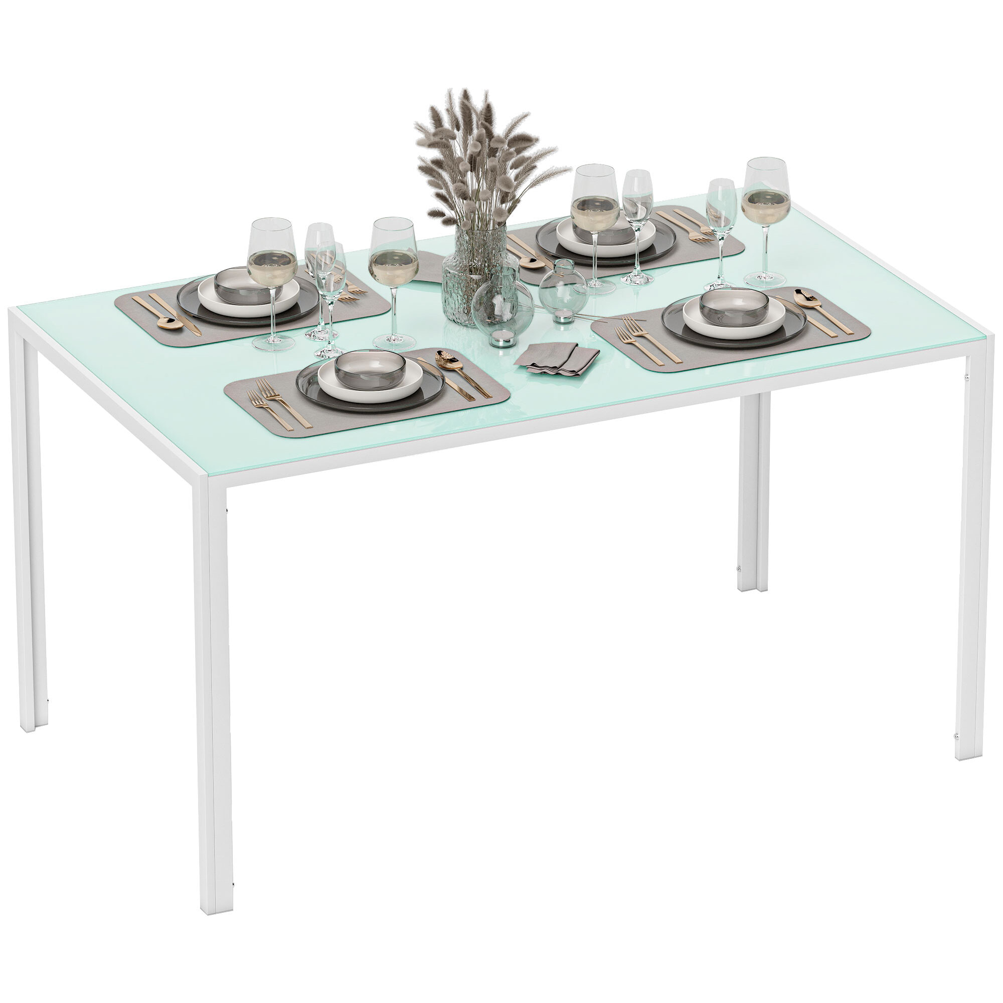 Mesa de Comedor de Cristal, Mesa Rectangular para 6 Personas con Patas de Metal, para Cocina, Salón, 140x80x75 cm, Blanco