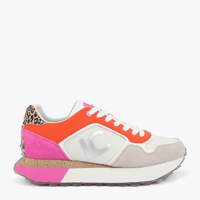 Scarpa sportiva con plateau tricolore in tessuti abbinati e dettagli in pelle