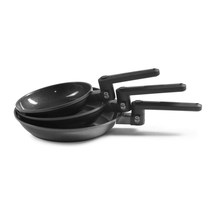 Set de 3 poêles 20 24 28 cm avec manches repliables - Transformer