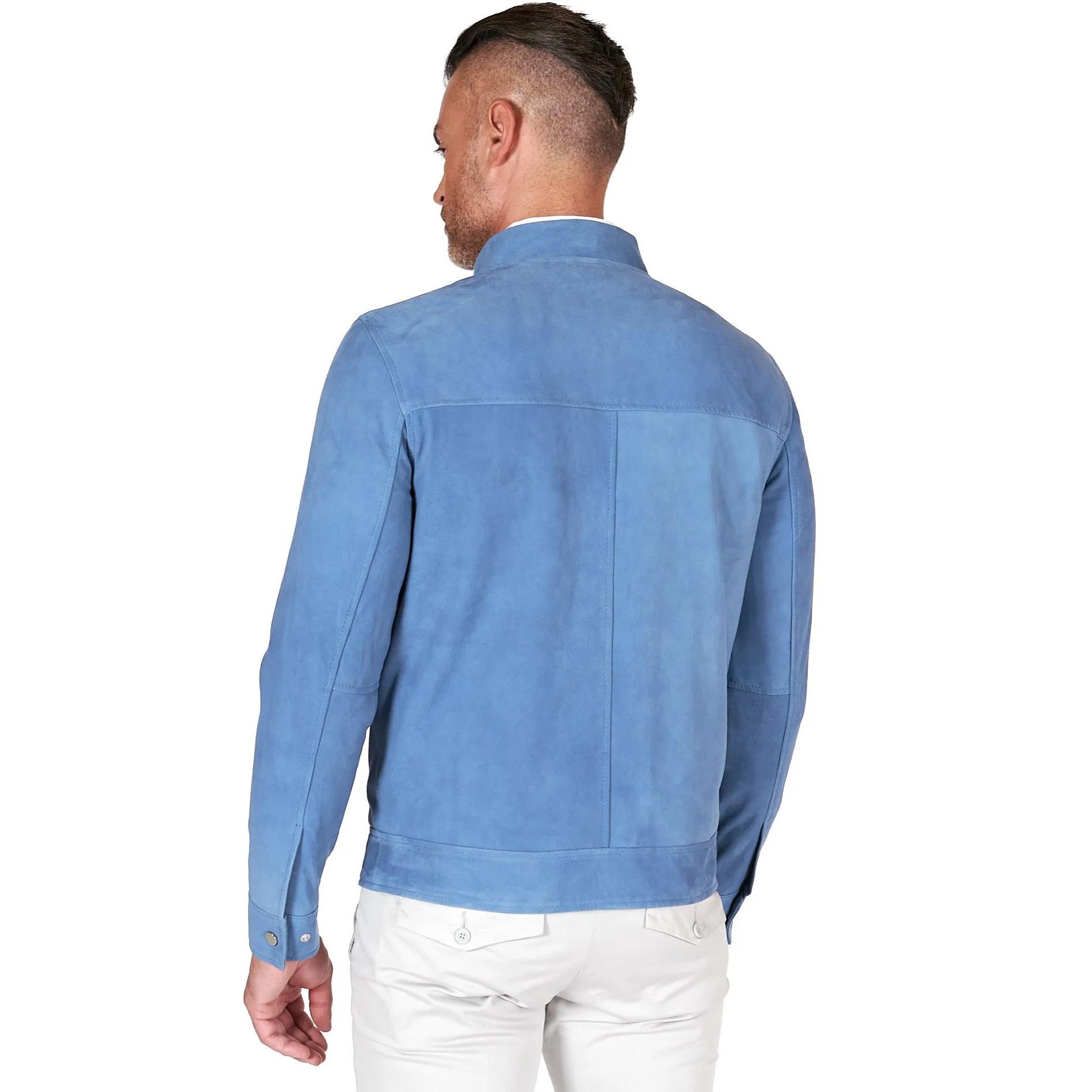 Giacca in pelle scamosciata blu denim con cerniera