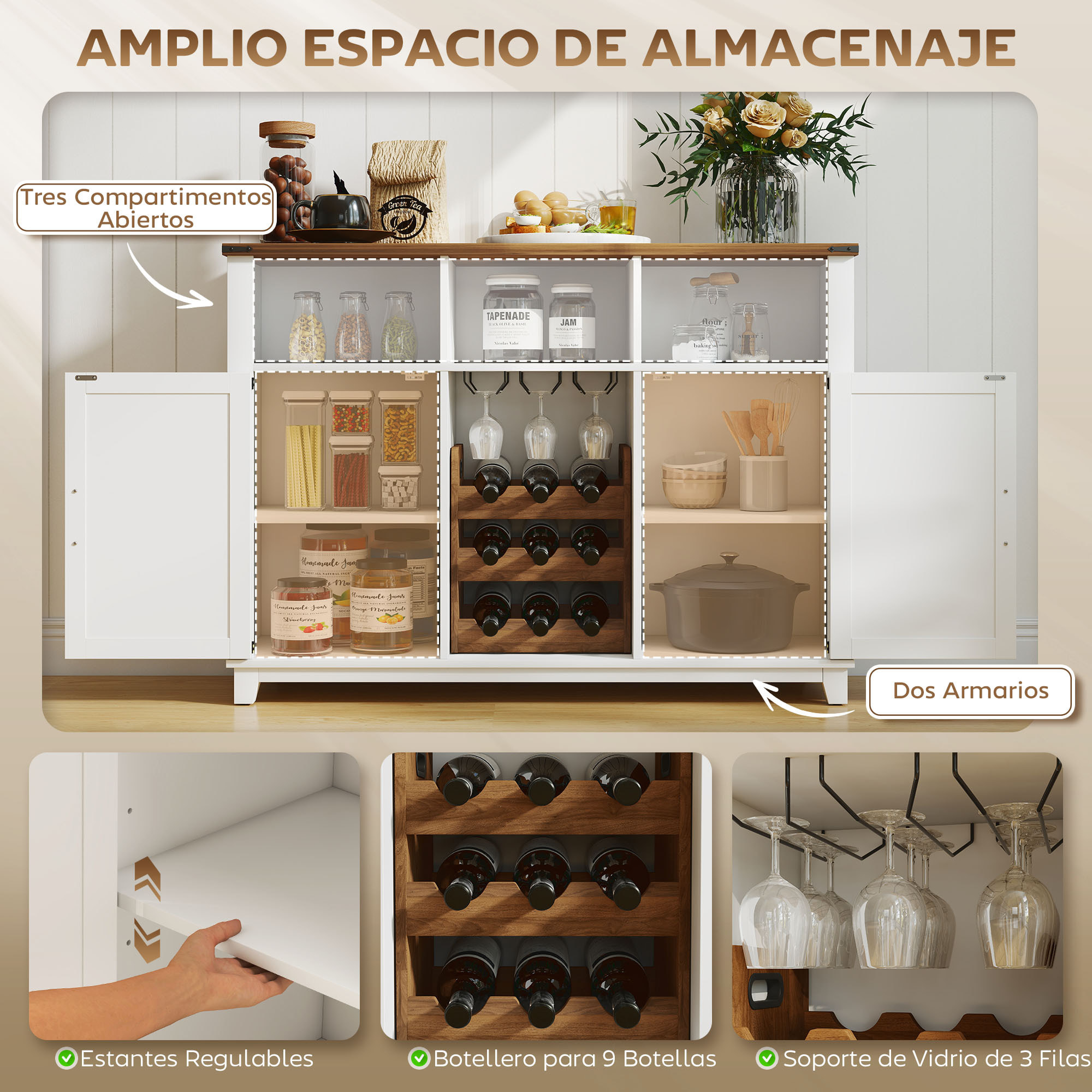 Aparador de Cocina con Botellero, Aparador con 2 Puertas de Granero, Estantes Ajustables y Soporte para Copas, para 9 Botellas, Buffet Auxiliar de Cocina para Comedor, Salón 120x37x88 cm Blanco