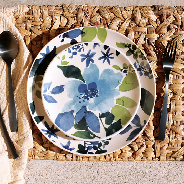 Service de table 36 pièces en porcelaine motif fleuri bleu BLEUET