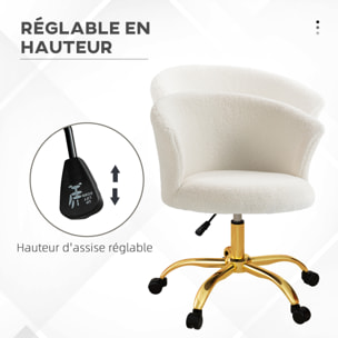 Chaise de bureau design - hauteur réglable, pivotante - piètement métal doré revêtement effet courte laine bouclée