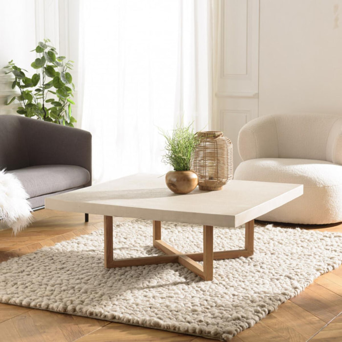 ERIS - Table basse carrée 107x107cm en béton beige pieds croisés en teck