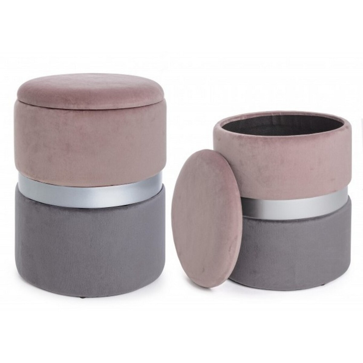 Set di 2 pouf POLINA contenitore in velluto rosa-grigio