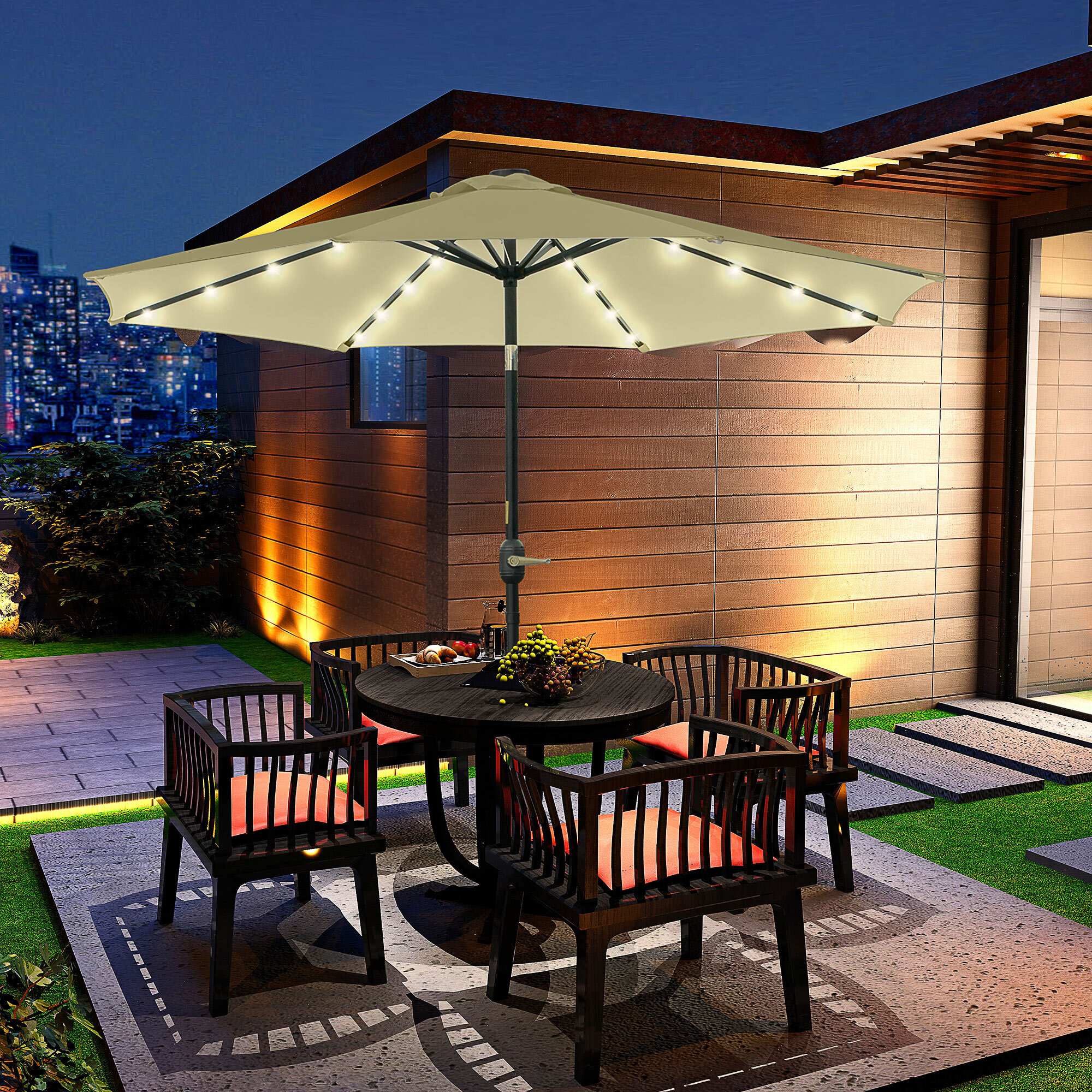 Outsunny Sombrilla Terraza Exterior, Ø265 cm, Sombrilla de Jardín con 32 Luces LED Solares, Poste de Acero y Manivela de Parasol Inclinable, para Patio, Terraza, Beige