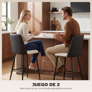 Juego de 2 Taburetes de Bar, Taburetes Altos de Cocina con Respaldo y Reposapiés, Tapizados de Lino y PU, Marco de Acero, Asiento de 65 cm de Altura, para Mostrador, Comedor, Negro