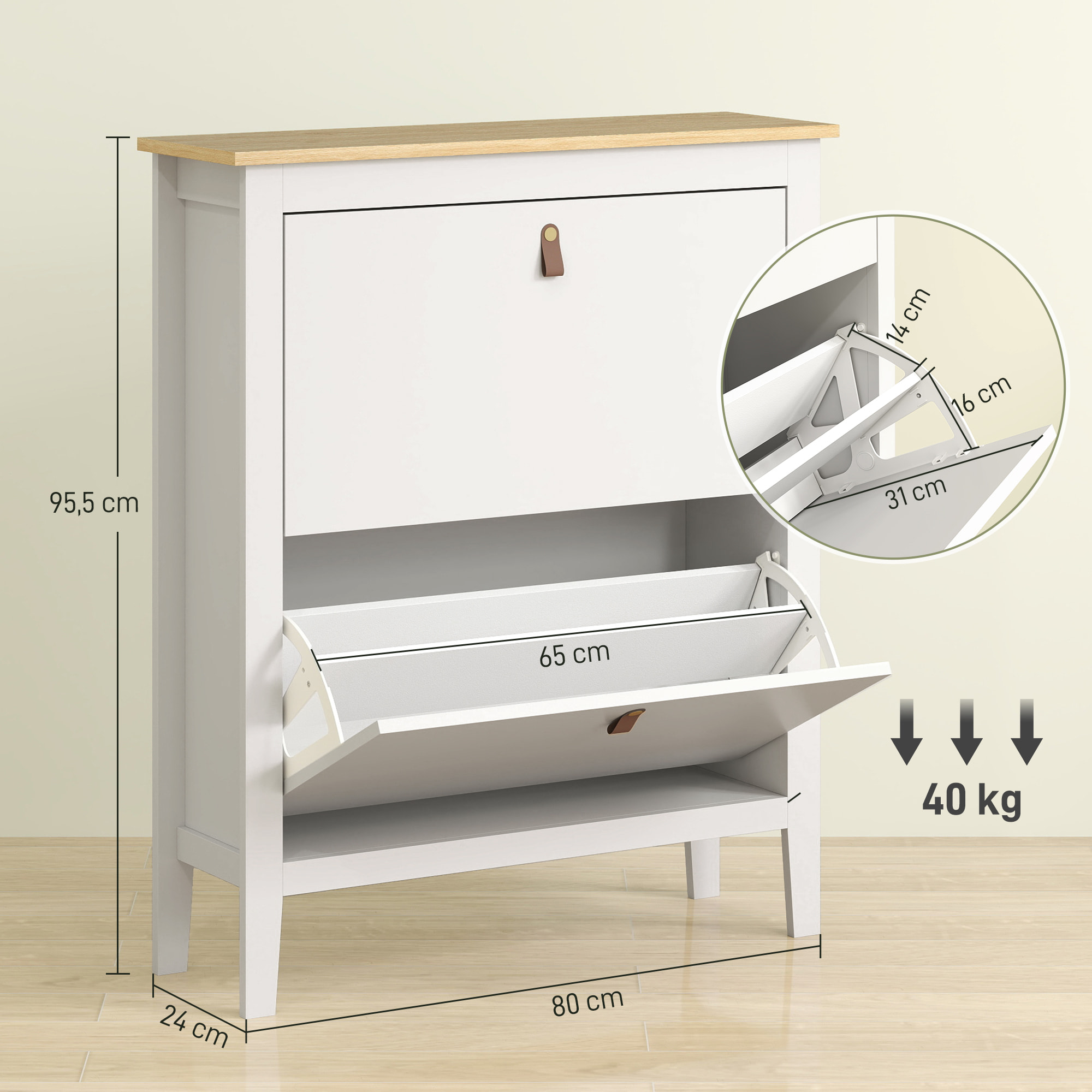 Mueble Zapatero Estrecho Zapatero Entrada Recibidor con 2 Cajones Abatibles Estantes Ajustables y Tiradores de PU para 14 Pares de Zapatos para Pasillo 80x24x95,5 cm Blanco
