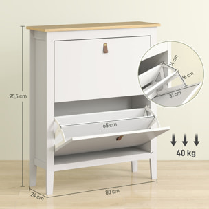 Mueble Zapatero Estrecho Zapatero Entrada Recibidor con 2 Cajones Abatibles Estantes Ajustables y Tiradores de PU para 14 Pares de Zapatos para Pasillo 80x24x95,5 cm Blanco