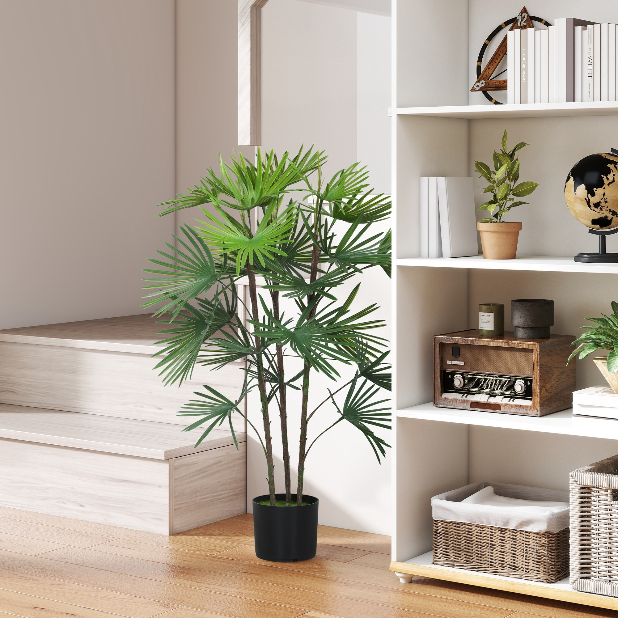 Palmier artificiel - plante artificielle H.90cm - 3 pieds 24 feuilles grand réalisme - pot inclus