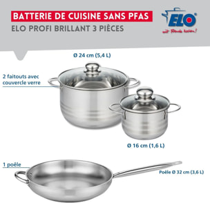 Ensemble de 1 Poêle de cuisson 32 cm et 2 faitouts 16 et 24 cm Elo Profi Brillant