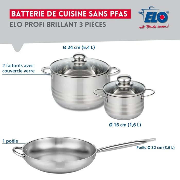 Ensemble de 1 Poêle de cuisson 32 cm et 2 faitouts 16 et 24 cm Elo Profi Brillant