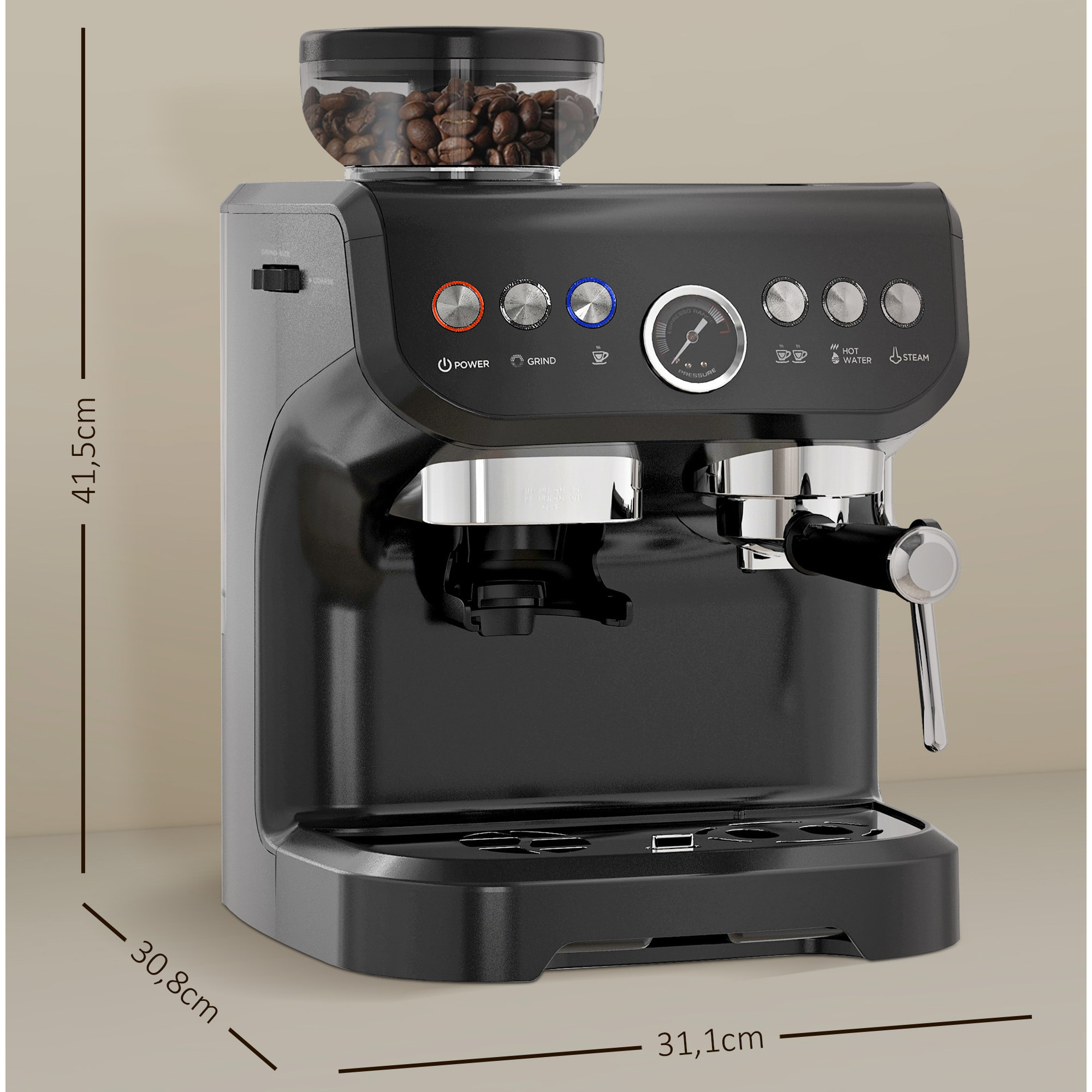 HOMCOM Cafetera Espresso 15 Bares 1600W con Molinillo de 15 Niveles, Vaporizador de Leche, Depósito Agua 2L y Grano 150g, 1 o 2 Tazas, Calientatazas, para Capuchino y Latte, Acero Inoxidable, Negro